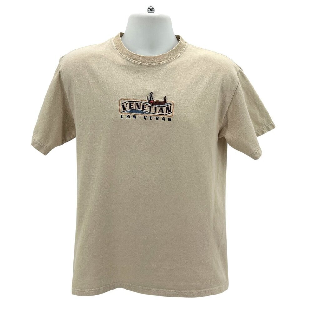 Vintage The Venetian Las Vegas Gondola Embroidered Tan T-Shirt Mens Medium